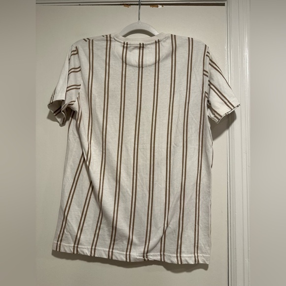 Denim Flower Ricky Singh Mens Sz: L White & Tan Vertical Striped Crew Neck Tee. - Picture 2 of 12